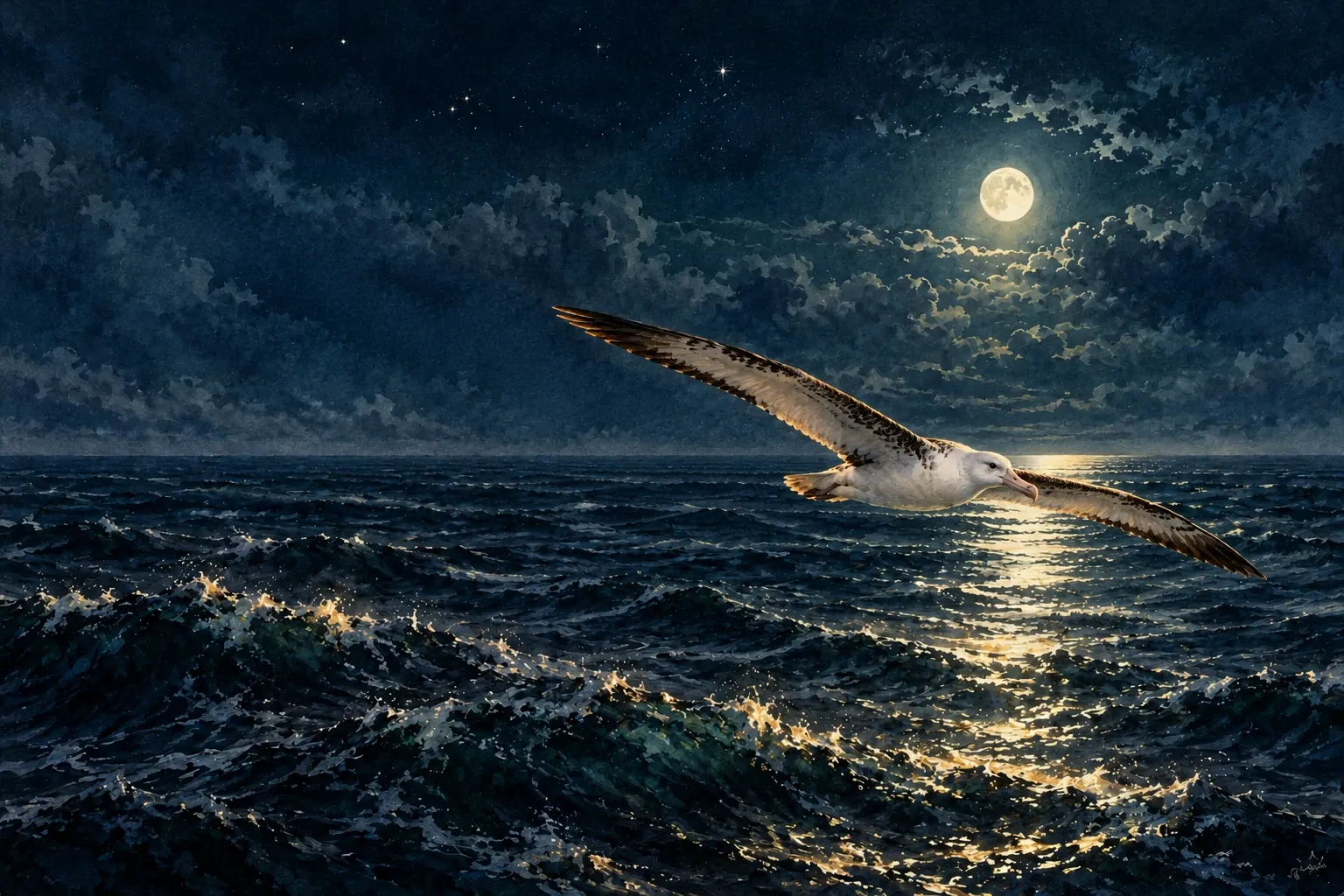 Dreamlike night painting of a albatross in its natural world.
