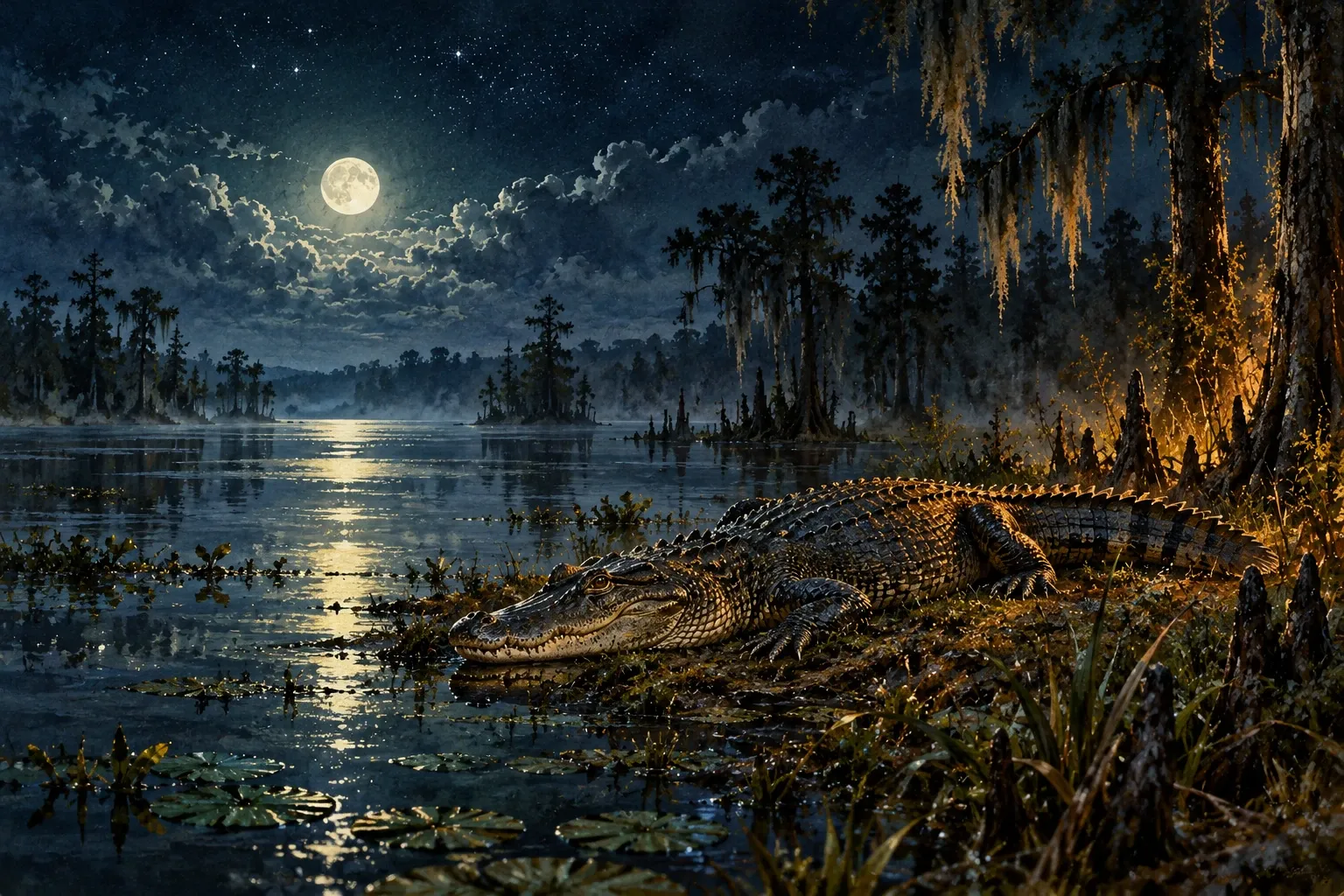 Dreamlike night painting of a alligator in its natural world.