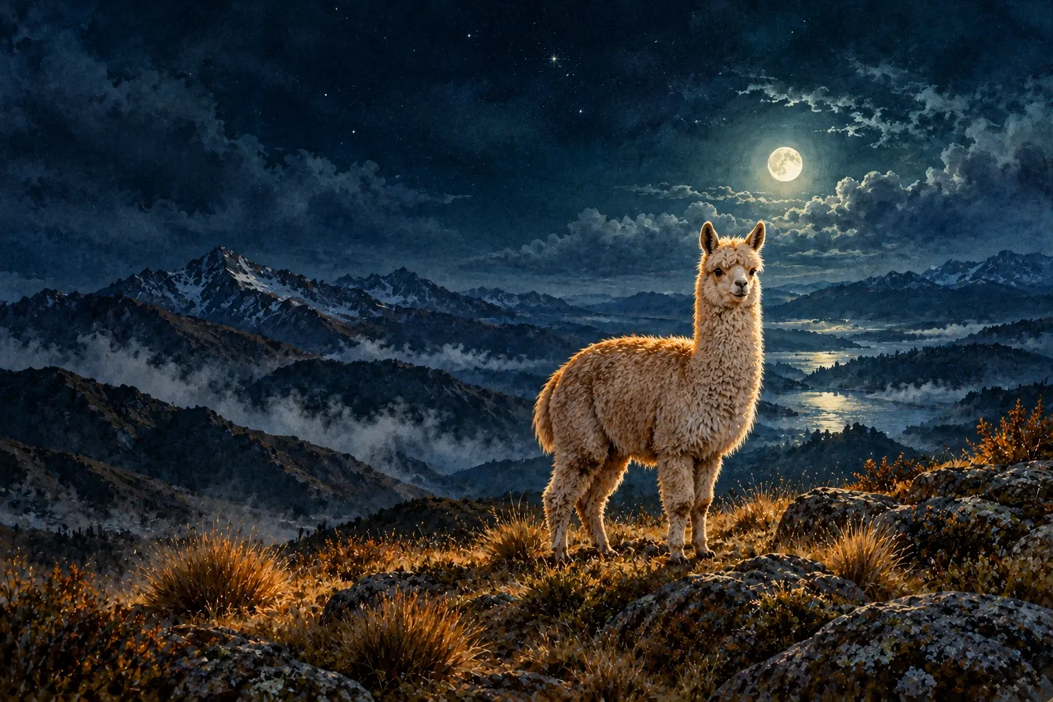 Dreamlike night painting of a alpaca in its natural world.