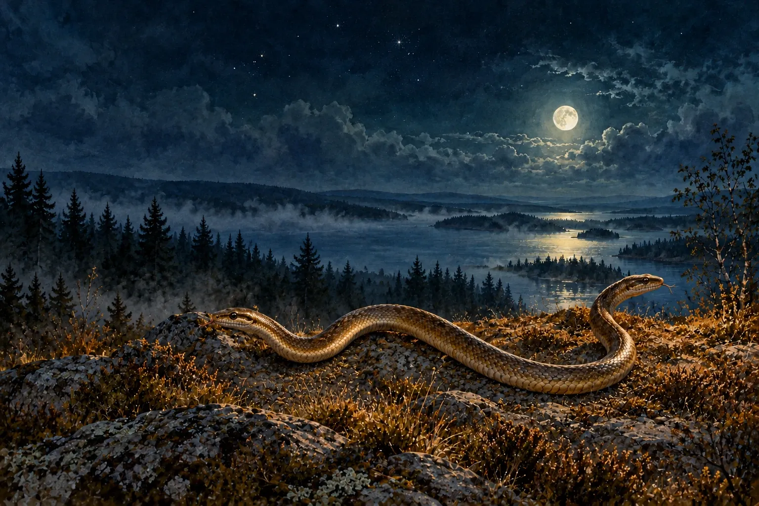 Dreamlike night painting of a amphisbaena in its natural world.