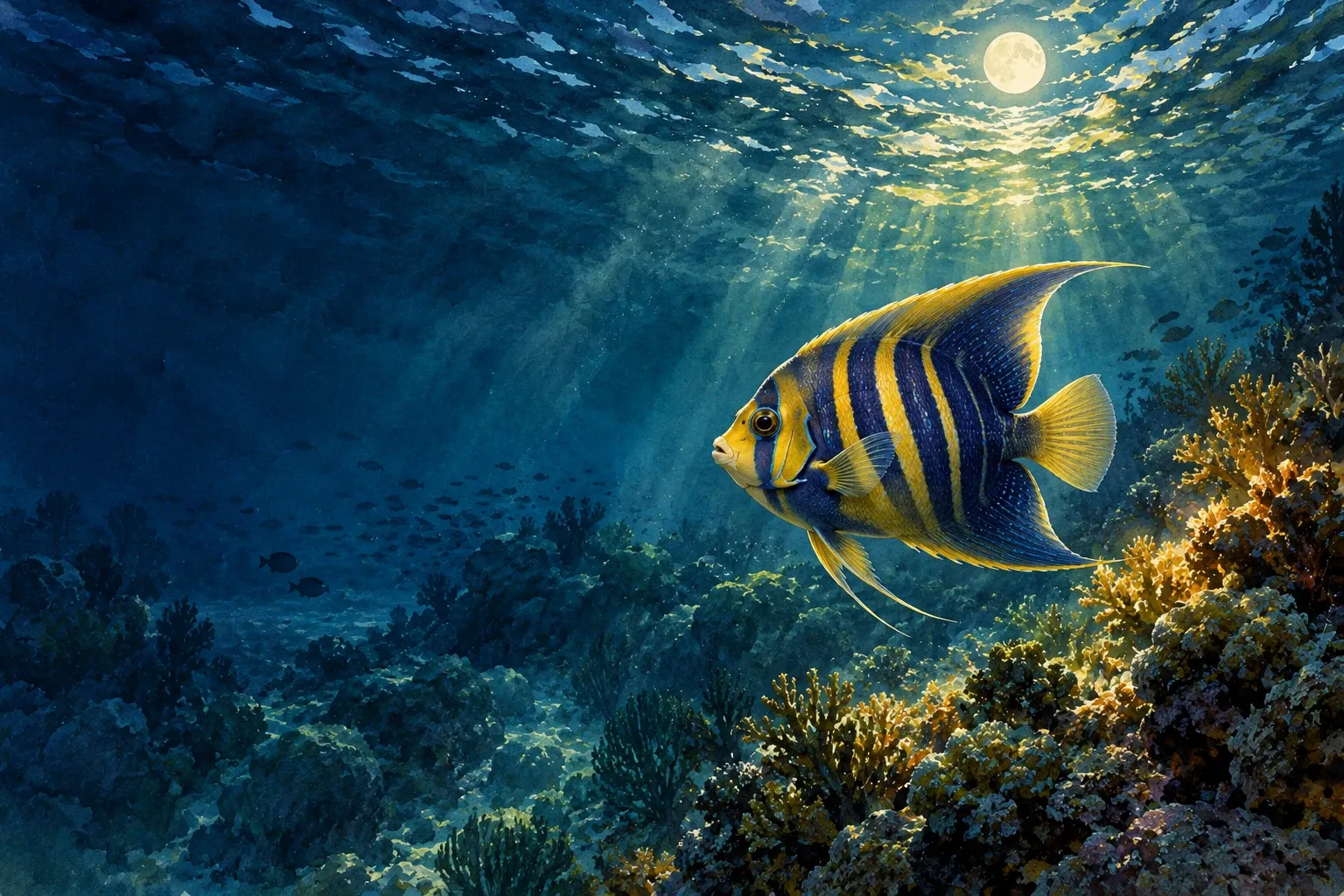 Dreamlike night painting of a angelfish in its natural world.