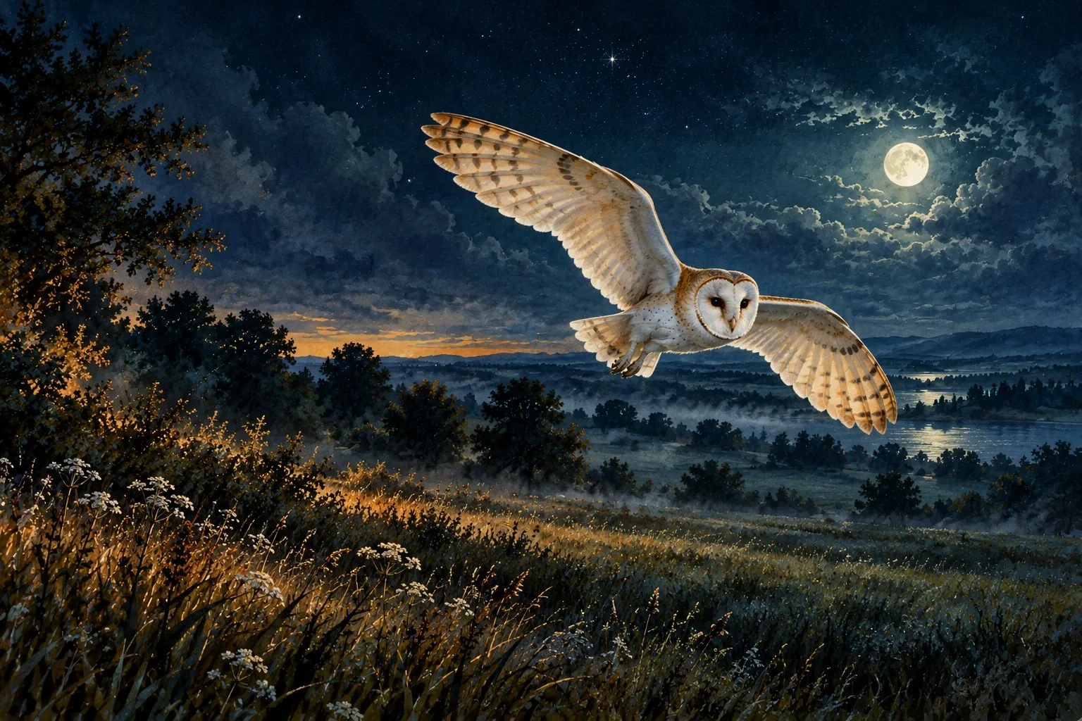 Dreamlike night painting of a barn owl in its natural world.