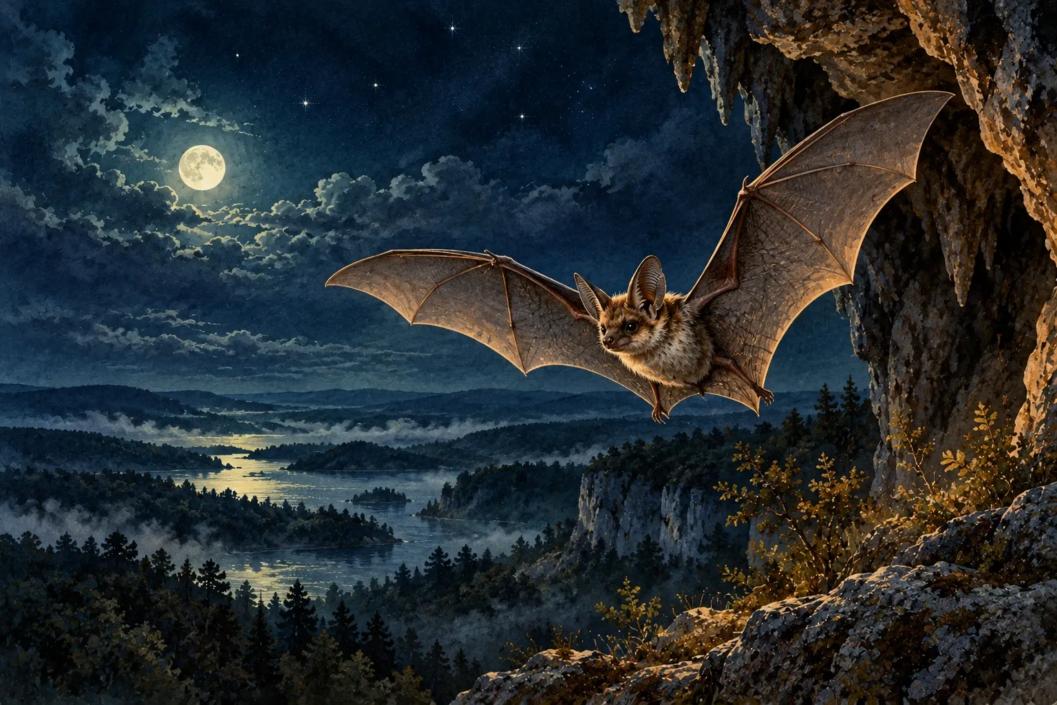 Dreamlike night painting of a bat in its natural world.