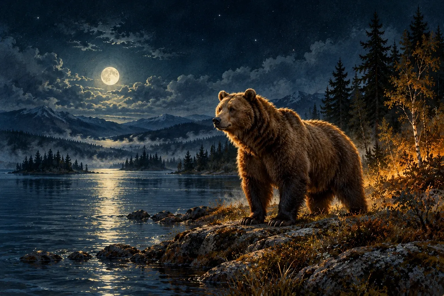 Dreamlike night painting of a bear in its natural world.