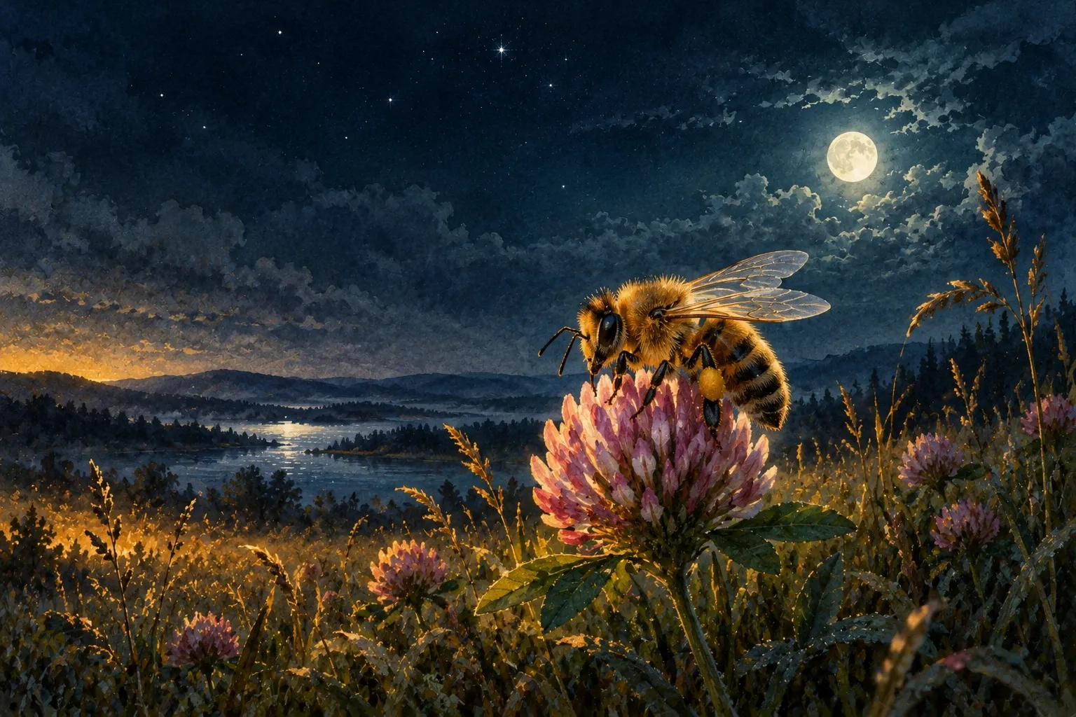 Dreamlike night painting of a bee in its natural world.
