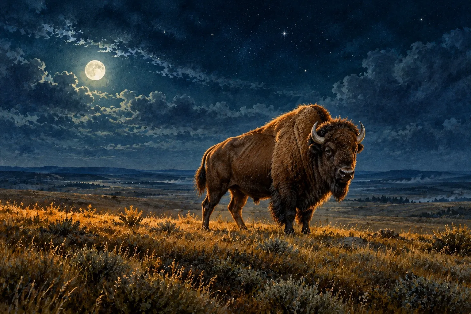 Dreamlike night painting of a bison in its natural world.
