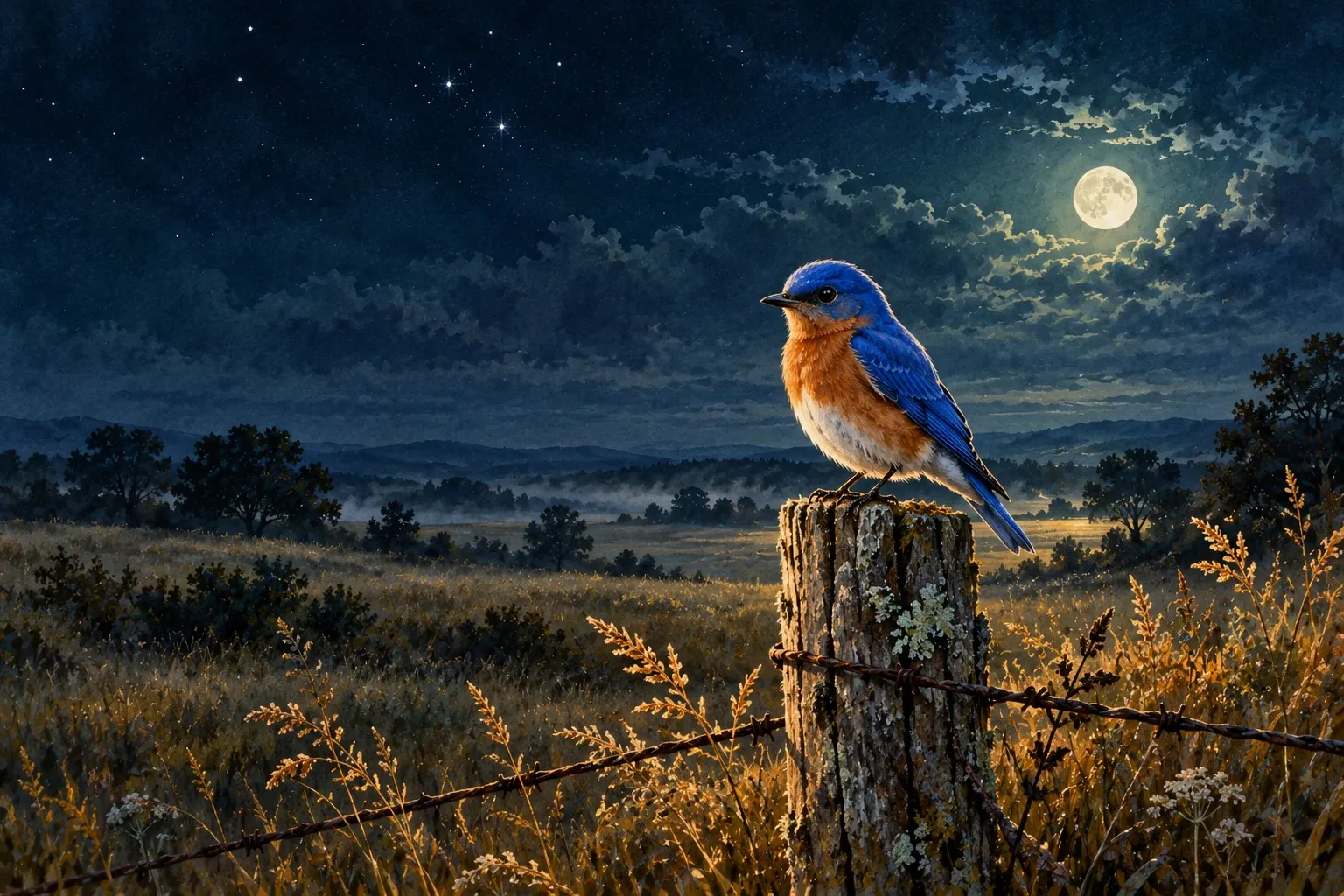 Dreamlike night painting of a bluebird in its natural world.
