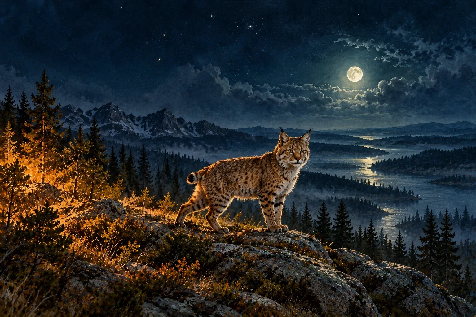 Dreamlike night painting of a bobcat in its natural world.