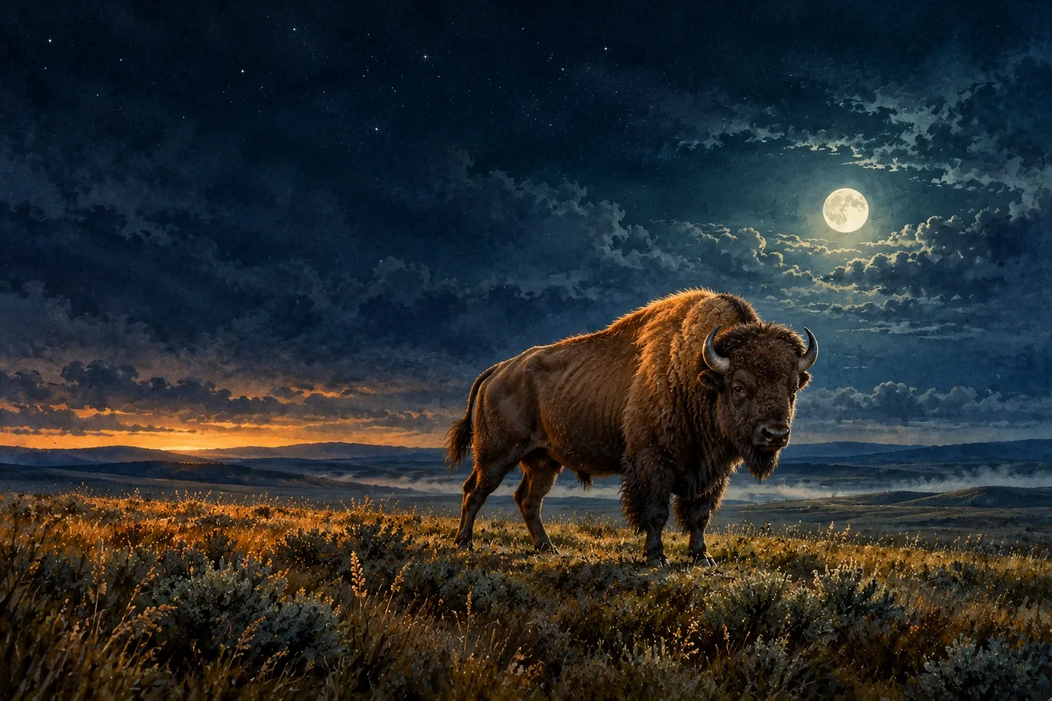 Dreamlike night painting of a buffalo in its natural world.