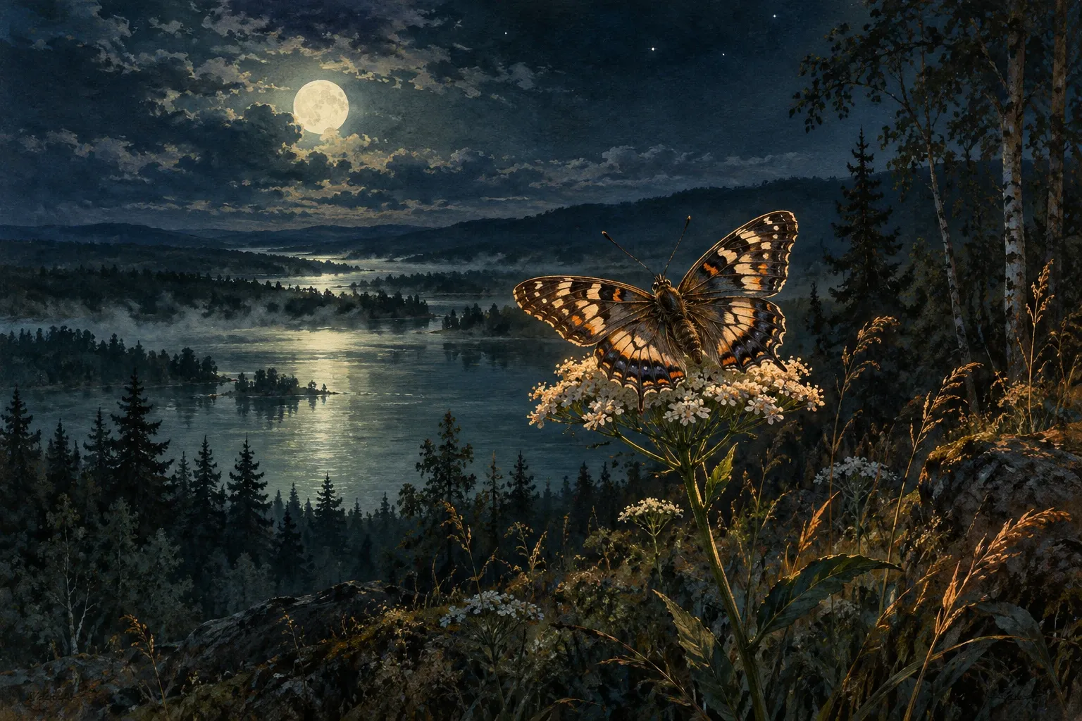Dreamlike night painting of a butterfly in its natural world.