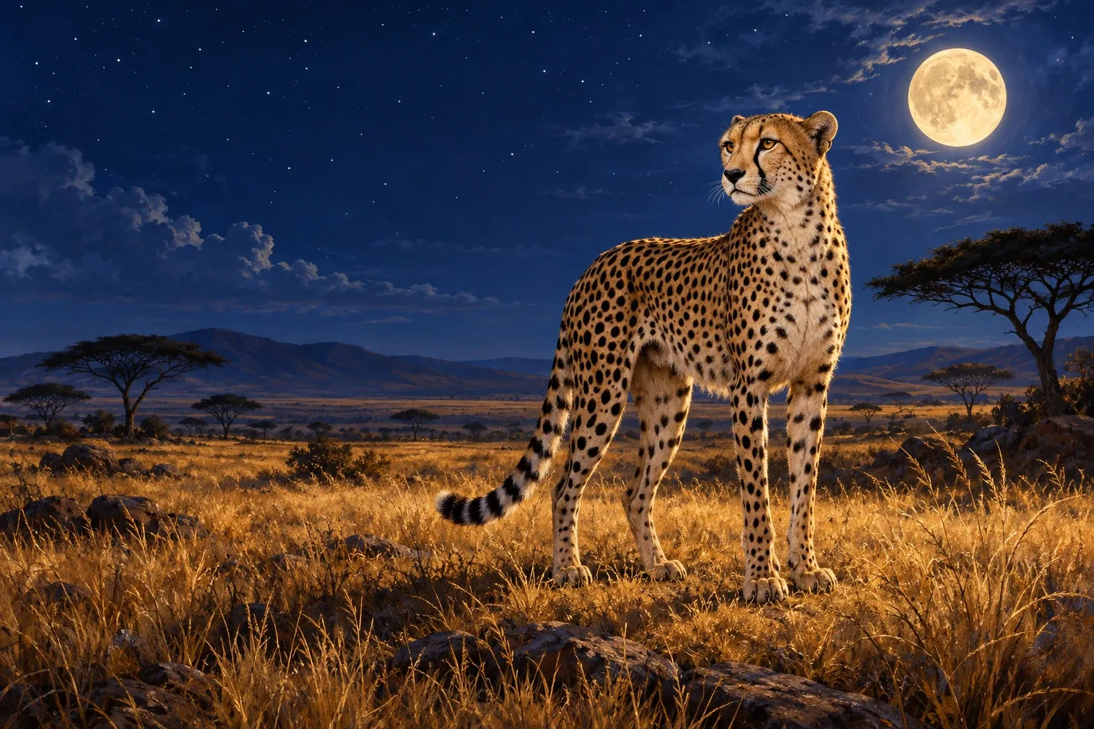 Dreamlike night painting of a cheetah in its natural world.