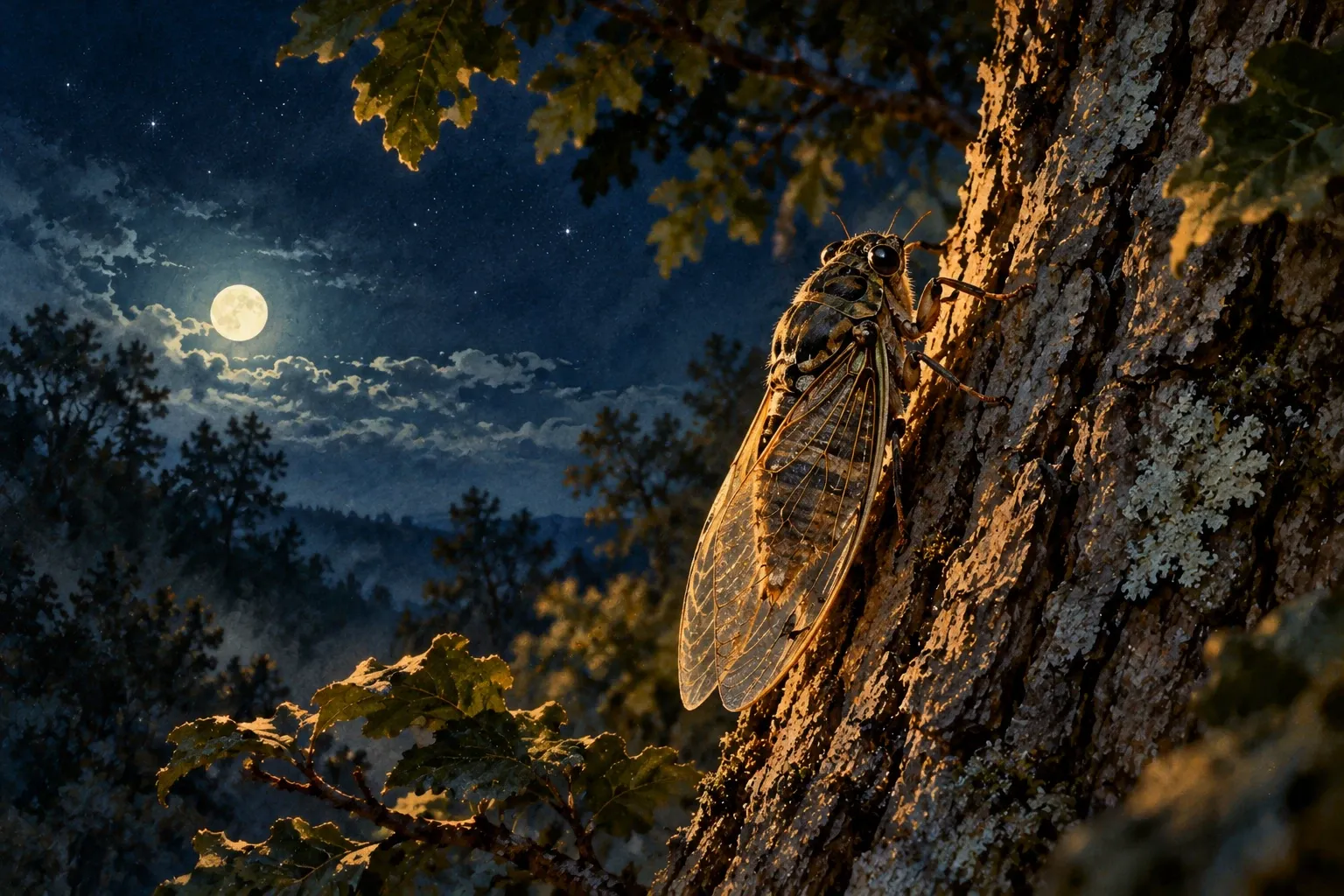 Dreamlike night painting of a cicada in its natural world.