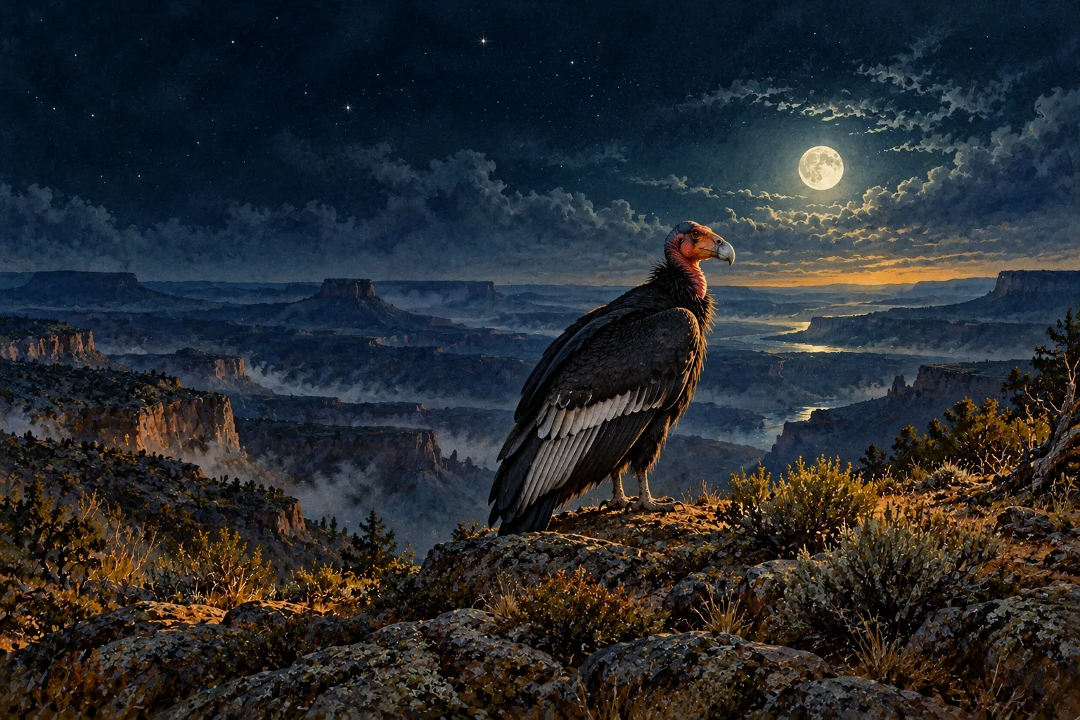 Dreamlike night painting of a condor in its natural world.
