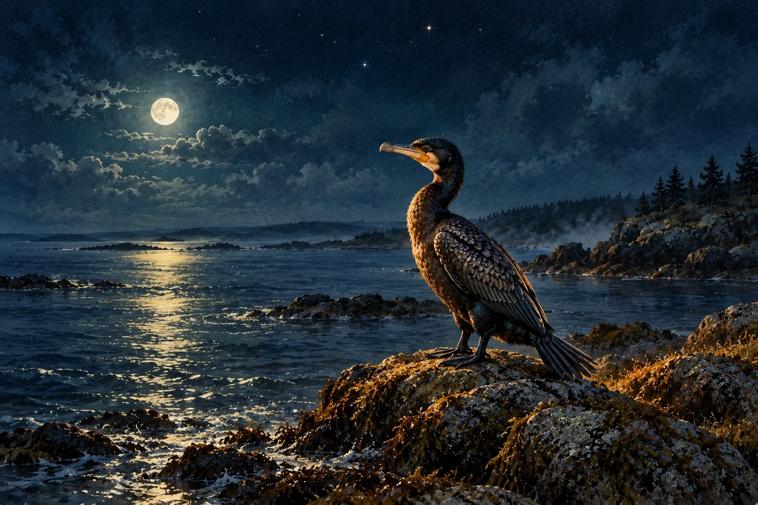 Dreamlike night painting of a cormorant in its natural world.