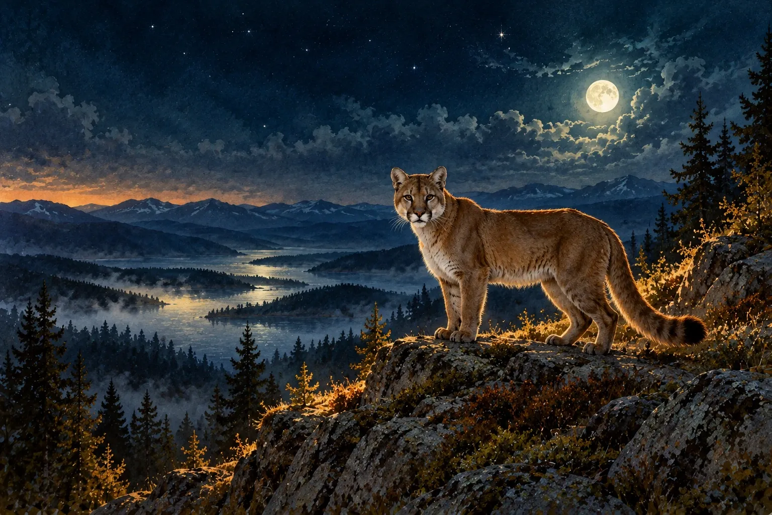Dreamlike night painting of a cougar in its natural world.