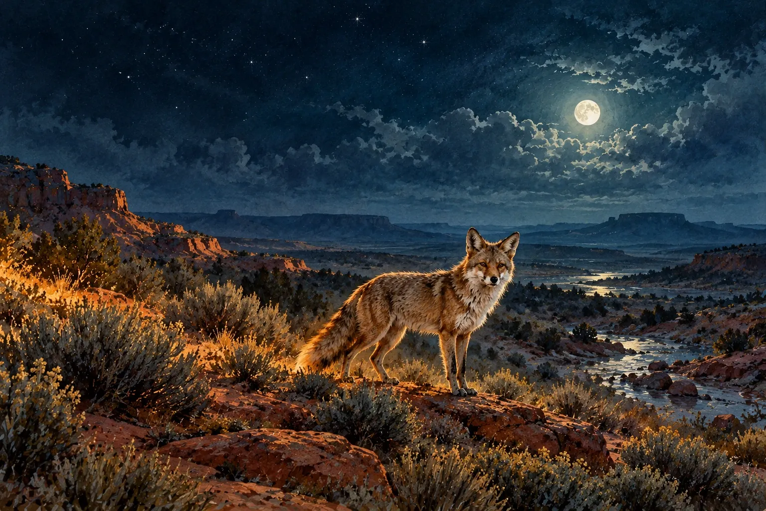 Dreamlike night painting of a coyote in its natural world.