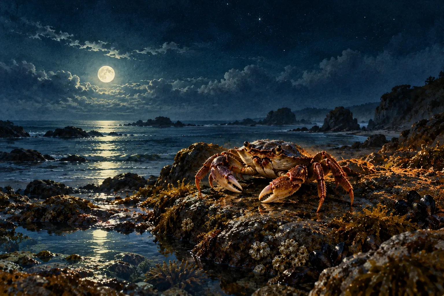 Dreamlike night painting of a crab in its natural world.