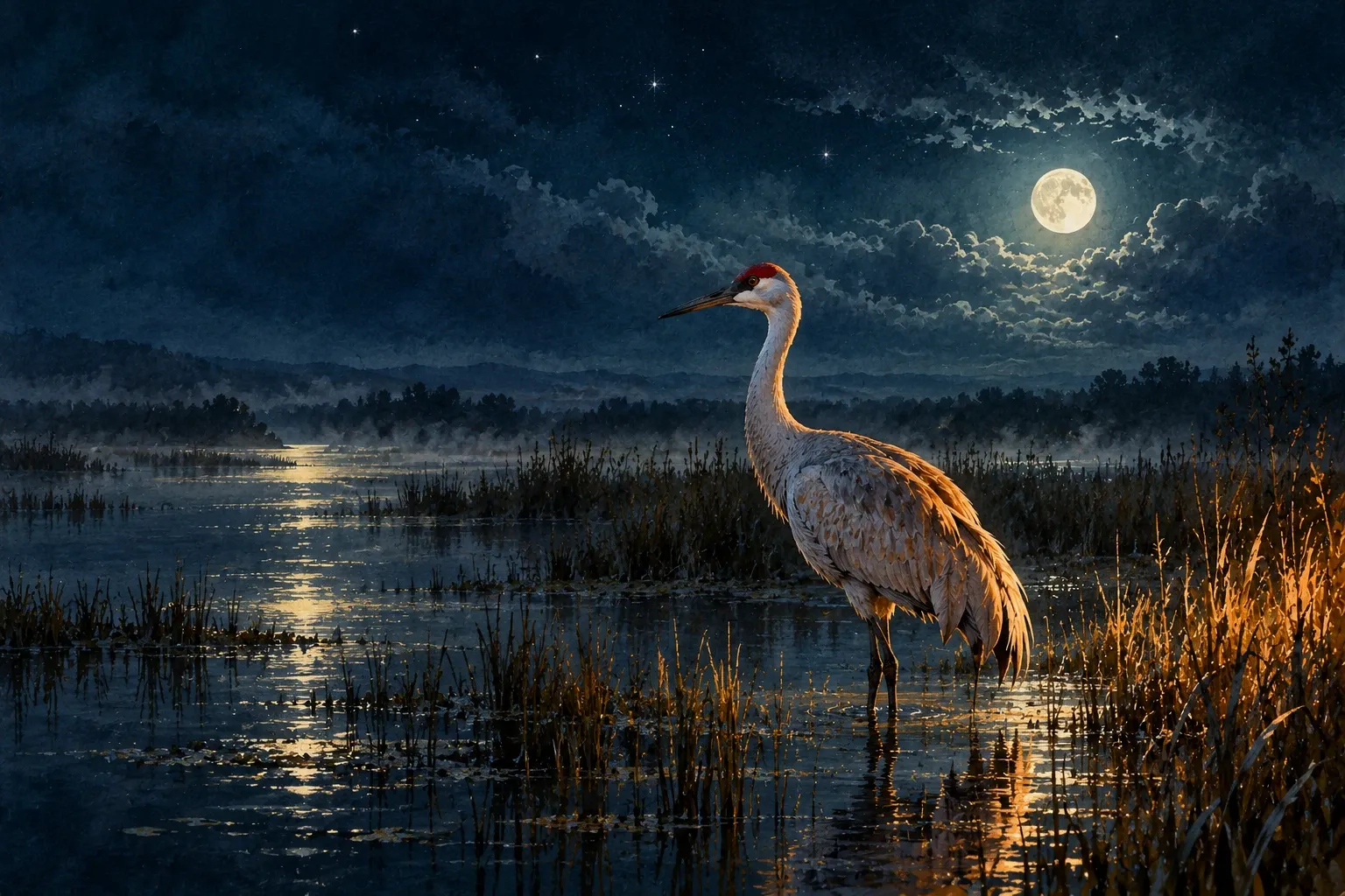 Dreamlike night painting of a crane in its natural world.