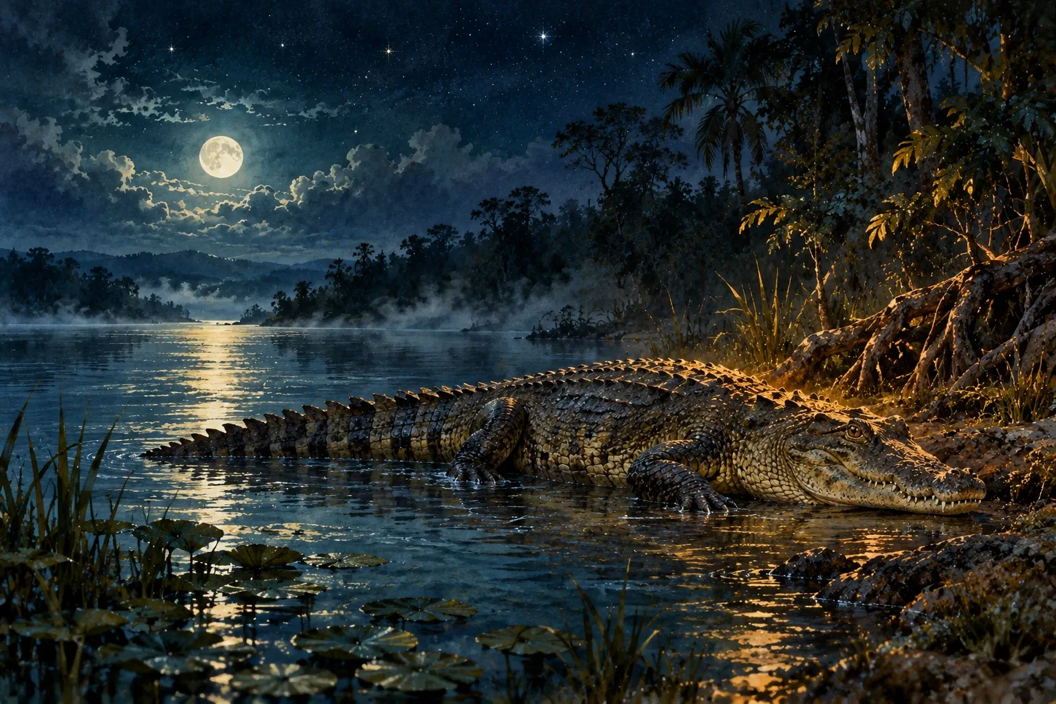 Dreamlike night painting of a crocodile in its natural world.