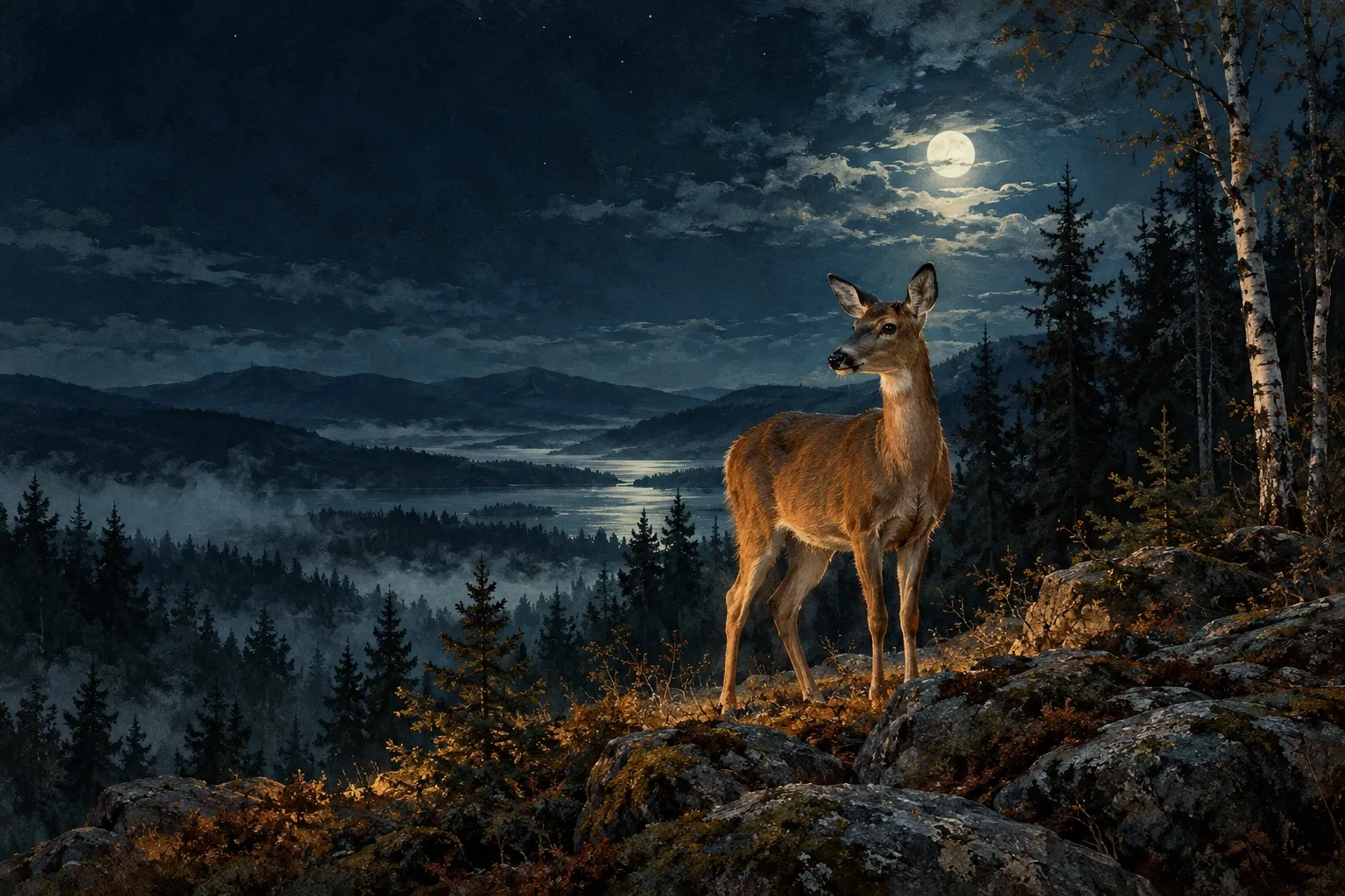 Dreamlike night painting of a deer in its natural world.