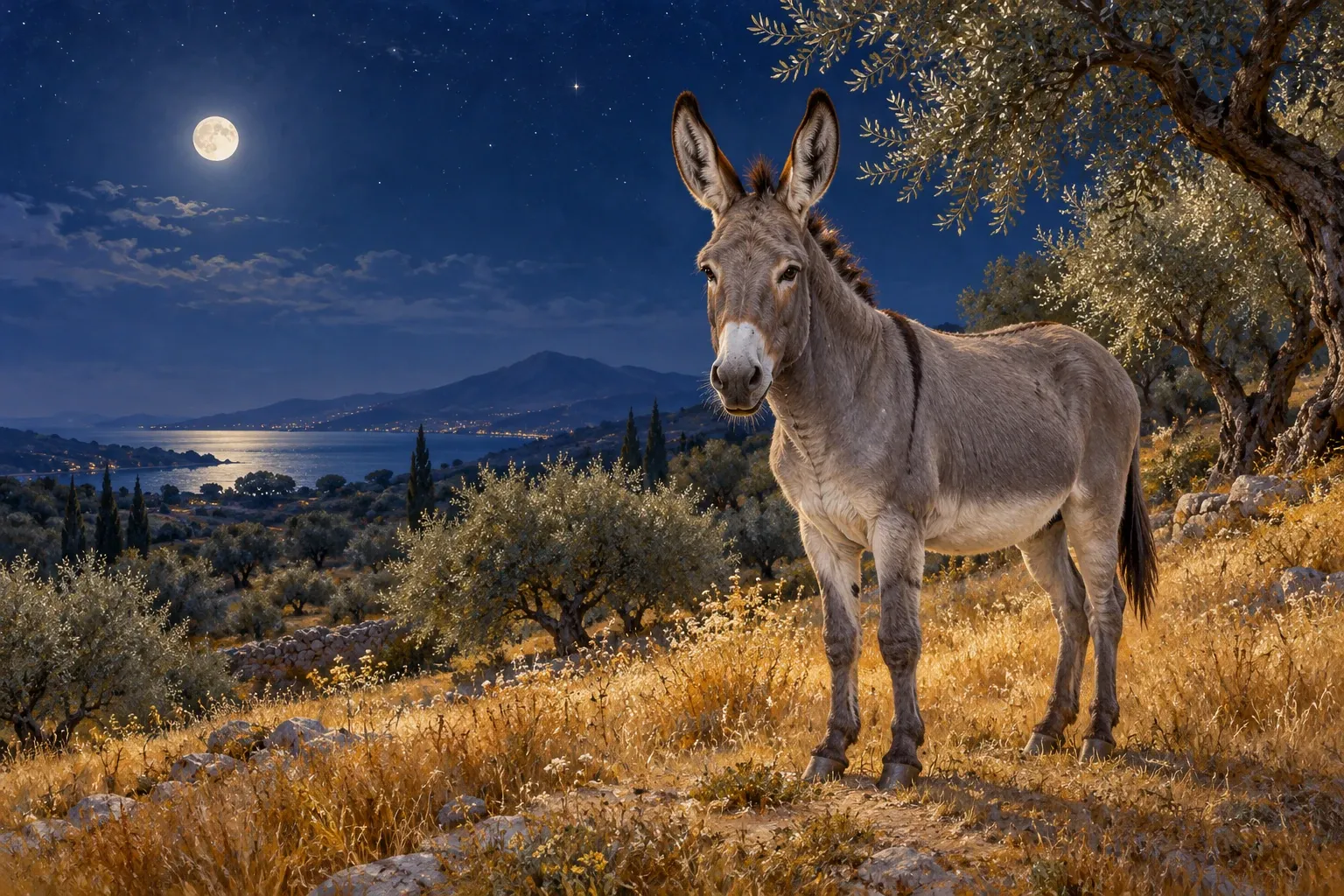 Dreamlike night painting of a donkey in its natural world.