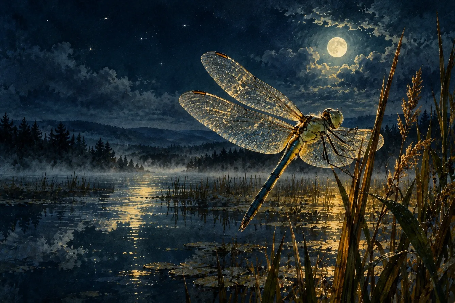 Dreamlike night painting of a dragonfly in its natural world.