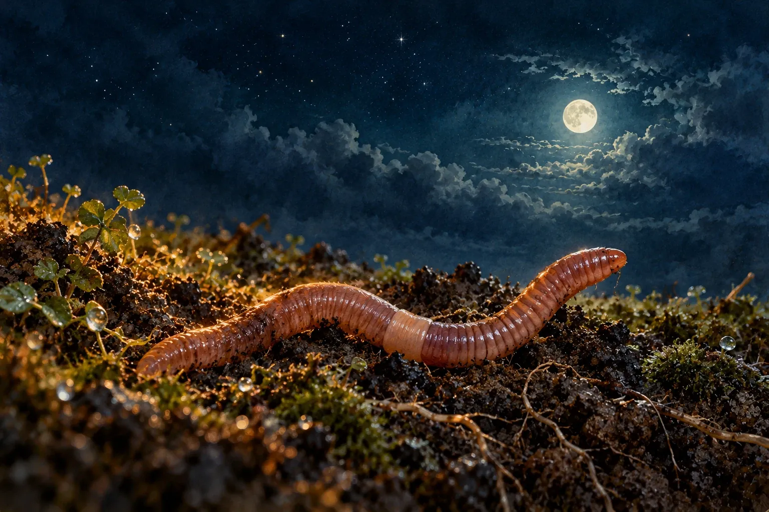 Dreamlike night painting of a earthworm in its natural world.