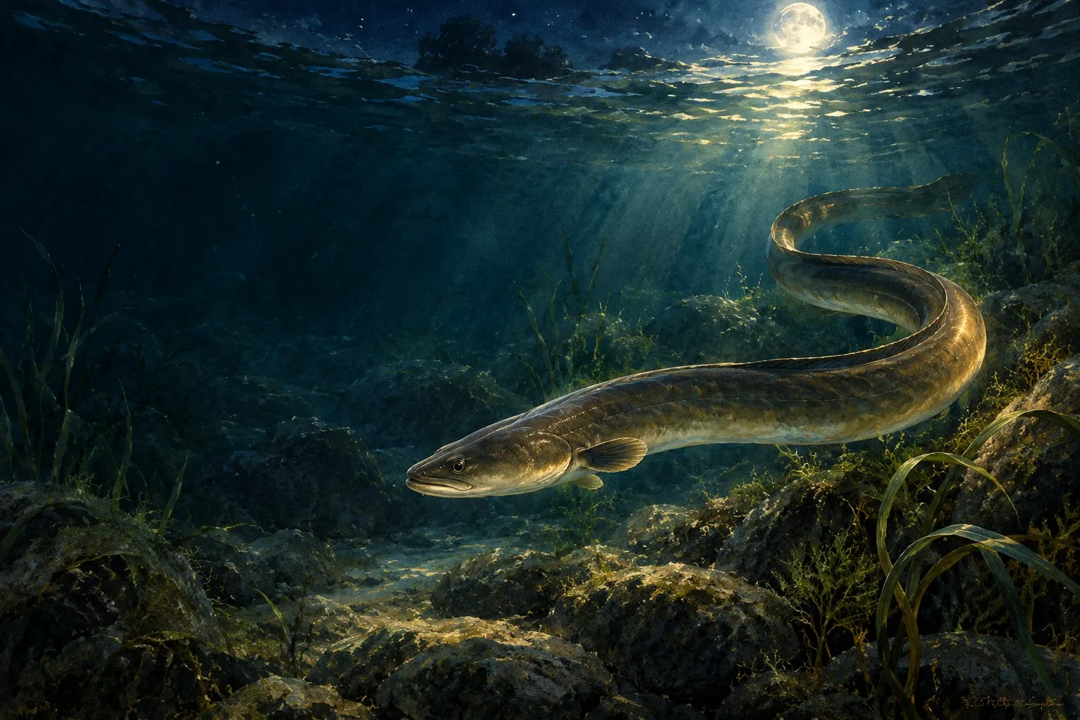 Dreamlike night painting of a eel in its natural world.