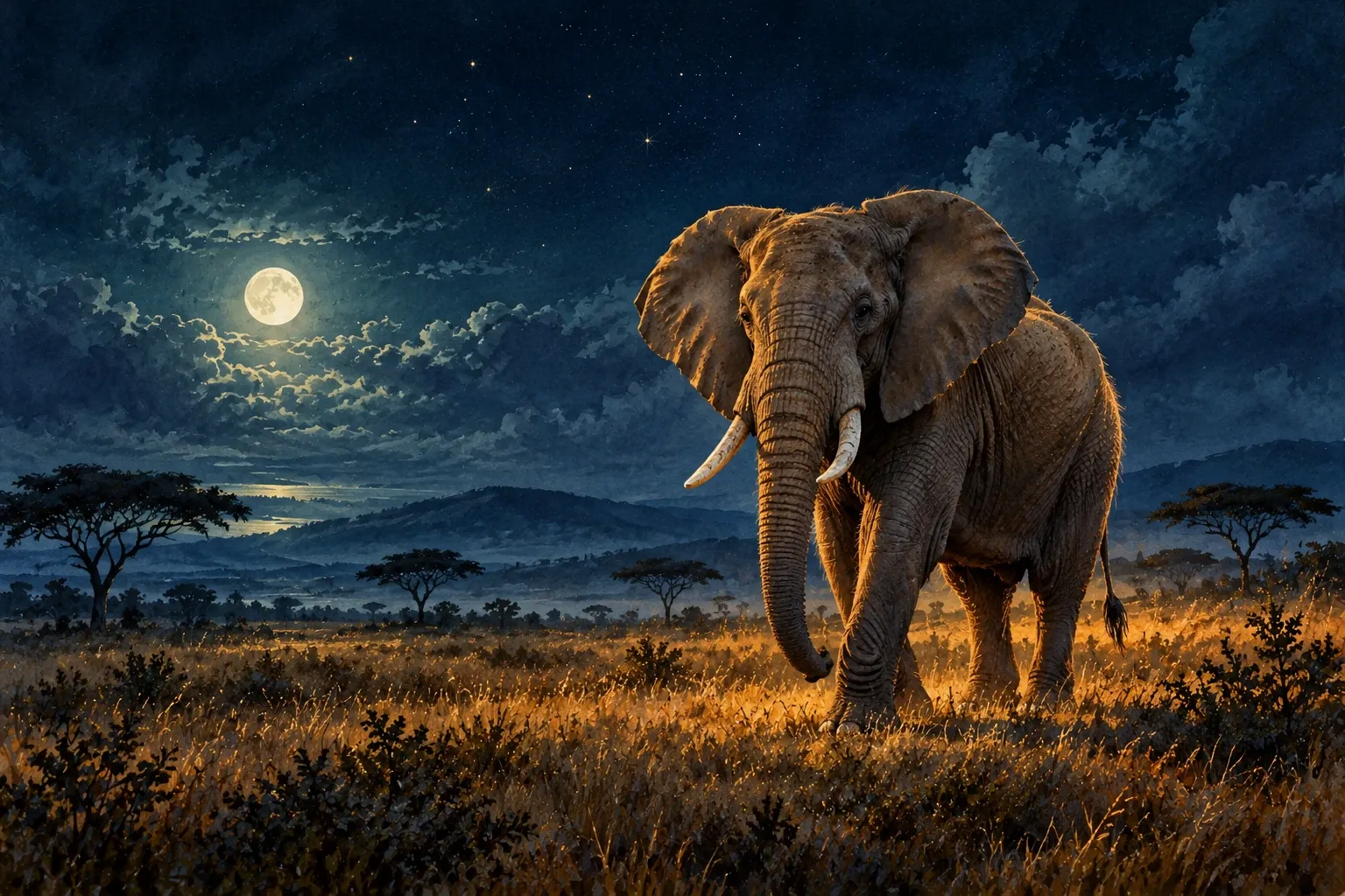 Dreamlike night painting of a elephant in its natural world.