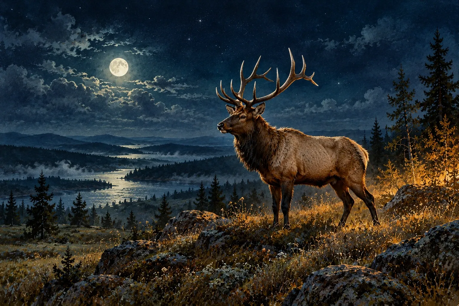Dreamlike night painting of a elk in its natural world.