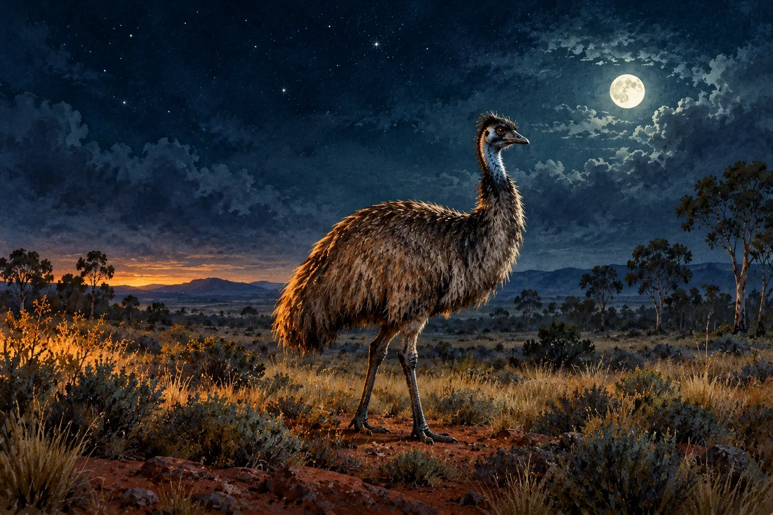 Dreamlike night painting of a emu in its natural world.