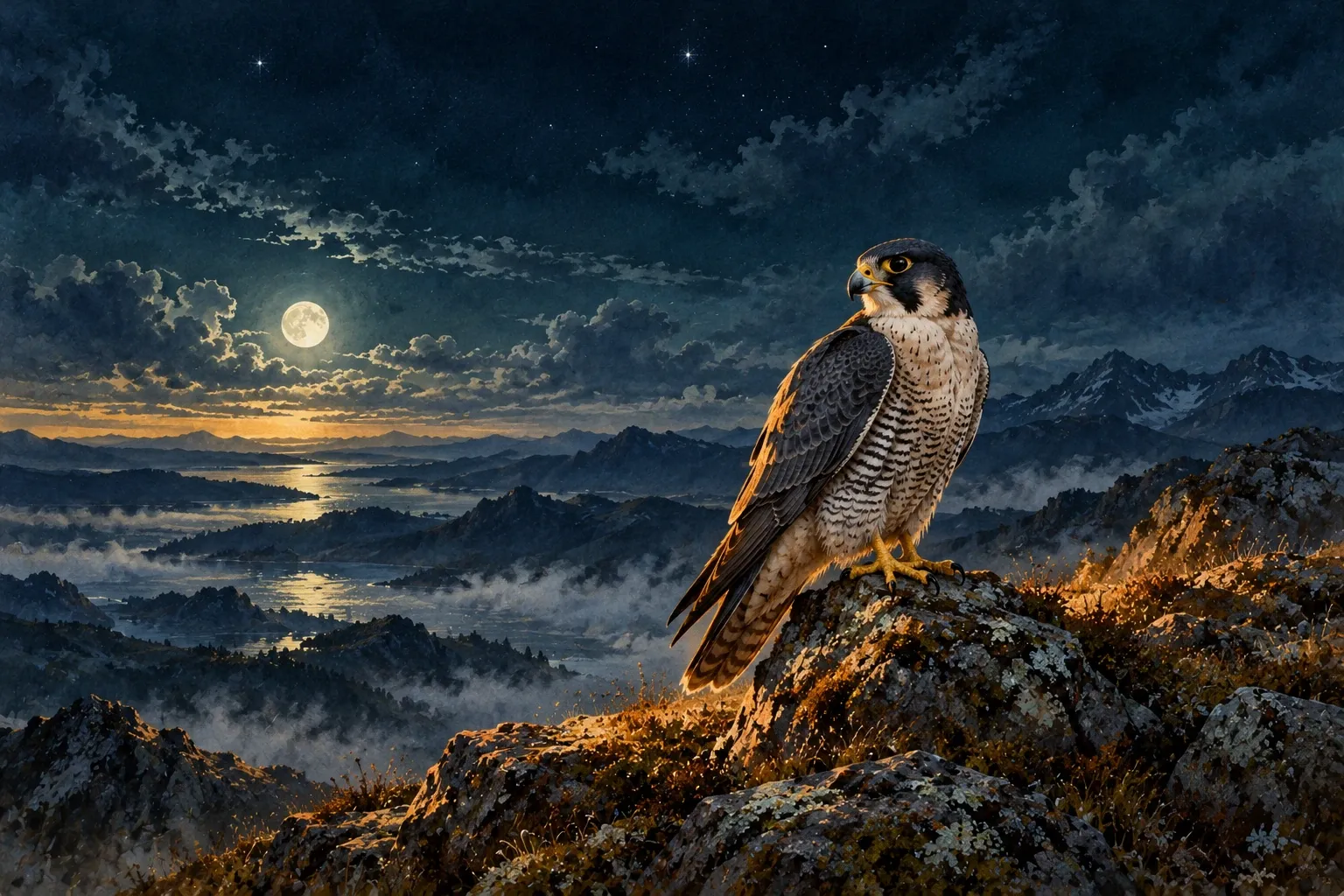 Dreamlike night painting of a falcon in its natural world.