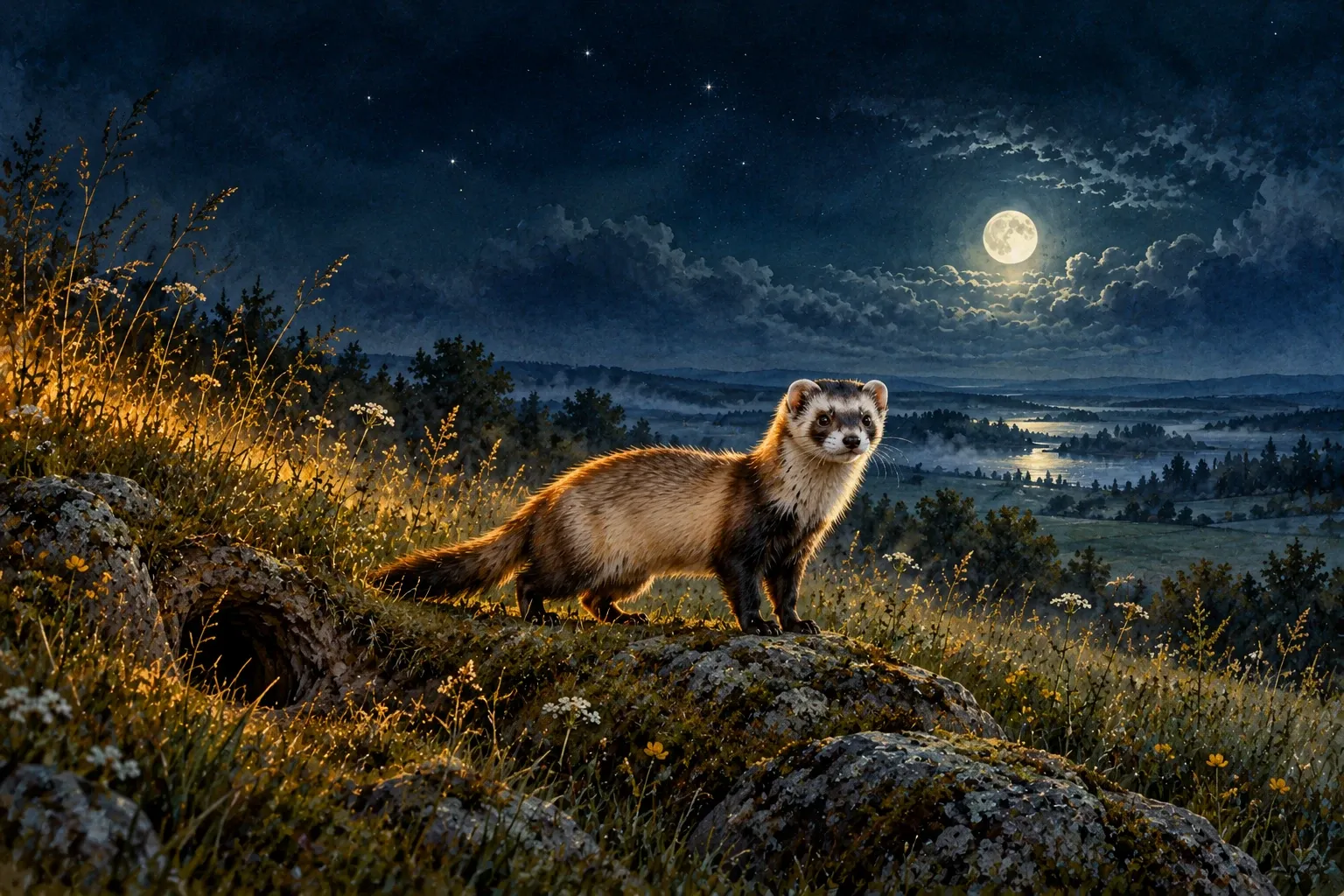 Dreamlike night painting of a ferret in its natural world.