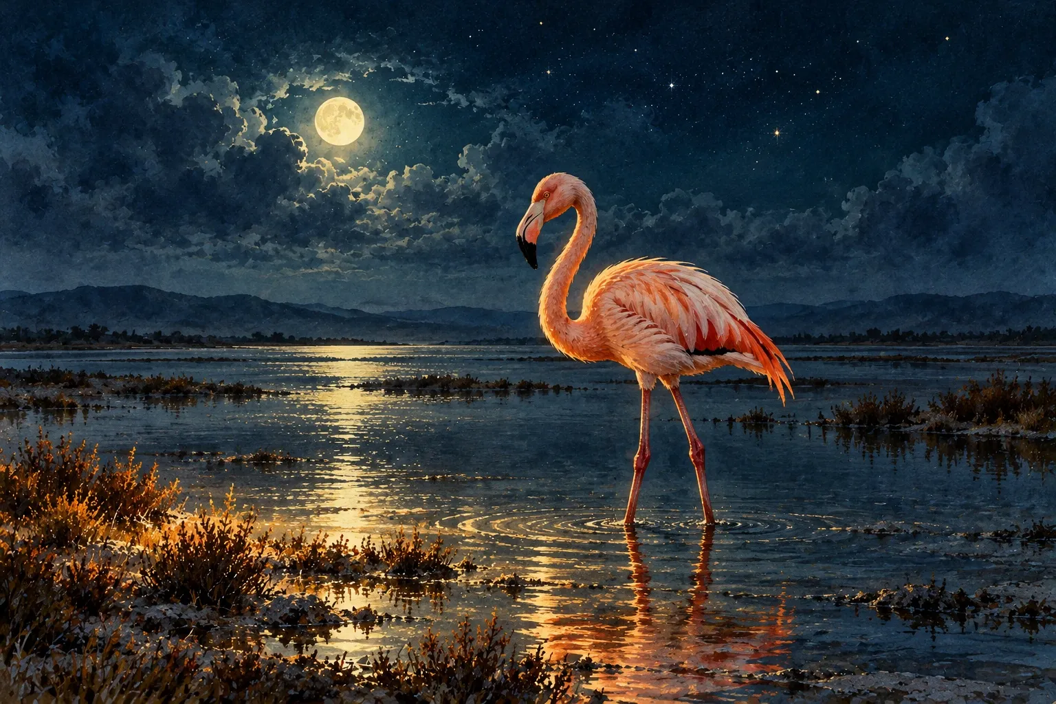 Dreamlike night painting of a flamingo in its natural world.