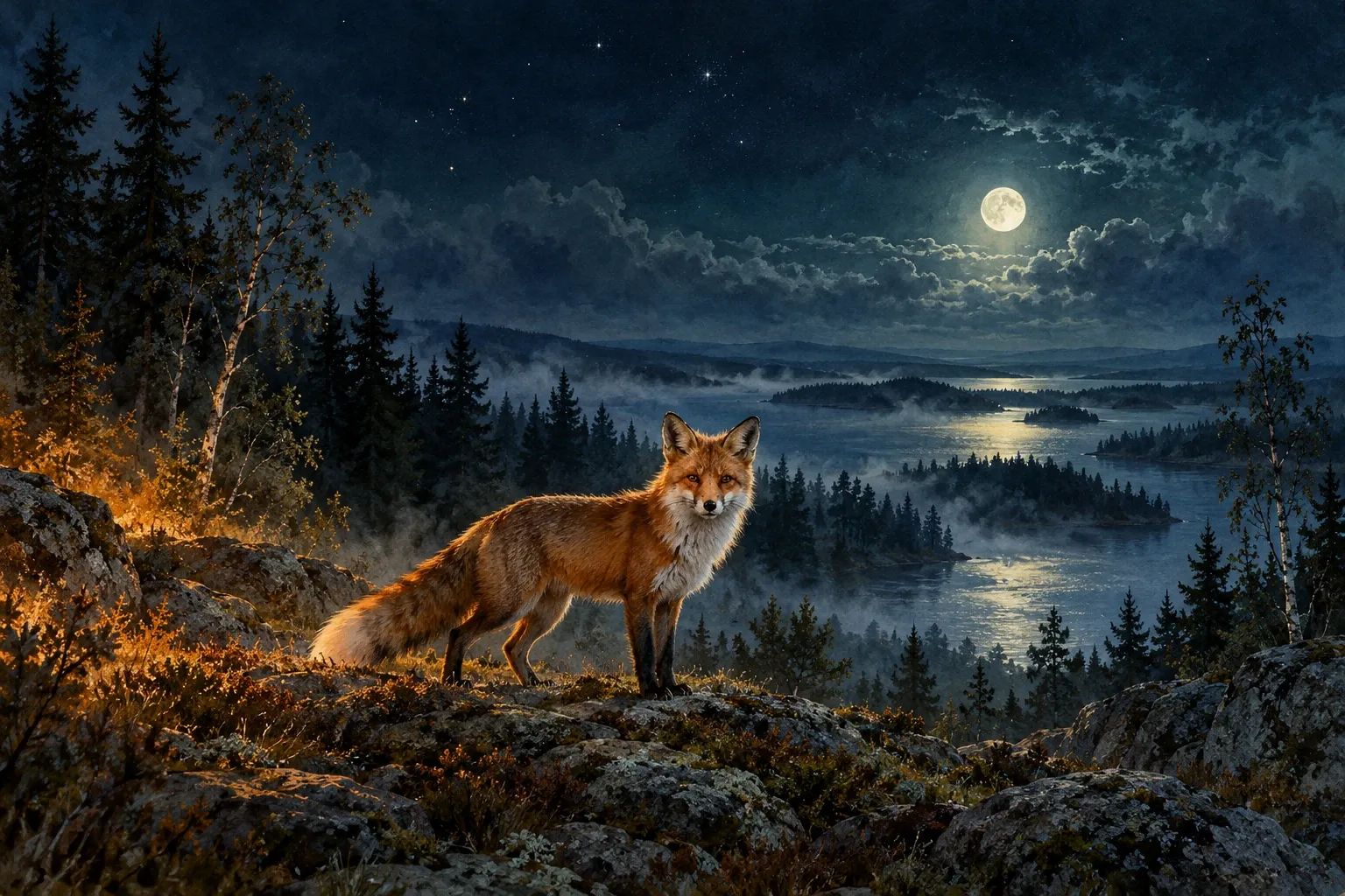 Dreamlike night painting of a fox in its natural world.