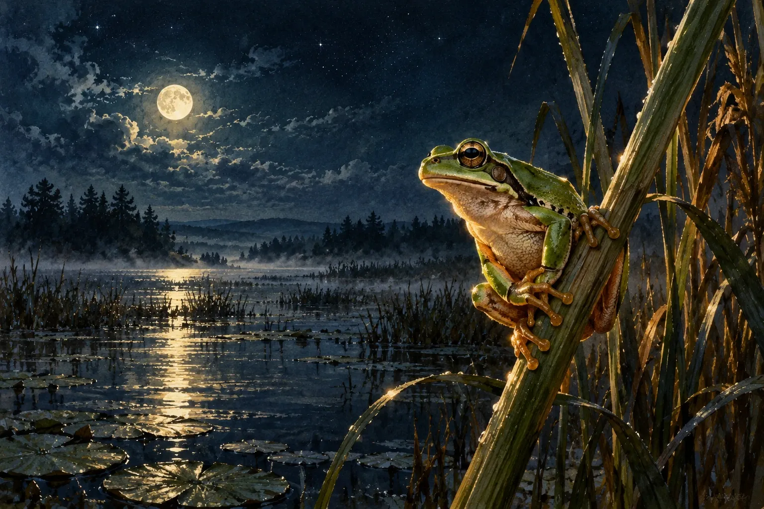 Dreamlike night painting of a frog in its natural world.