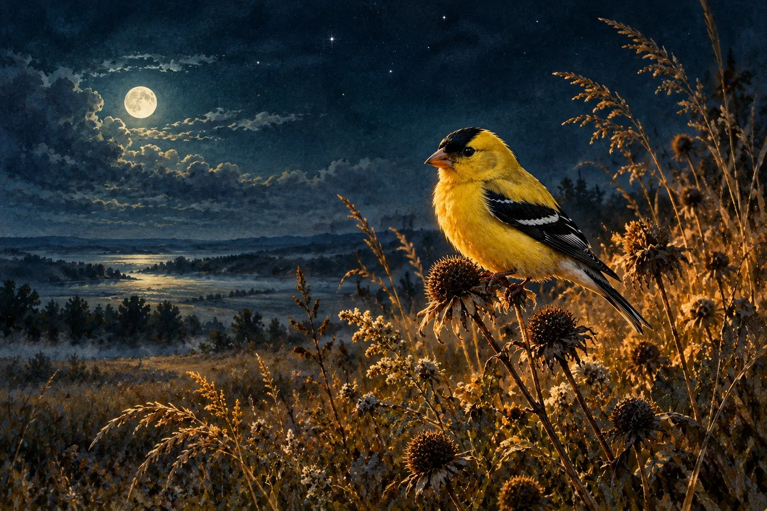 Dreamlike night painting of a goldfinch in its natural world.