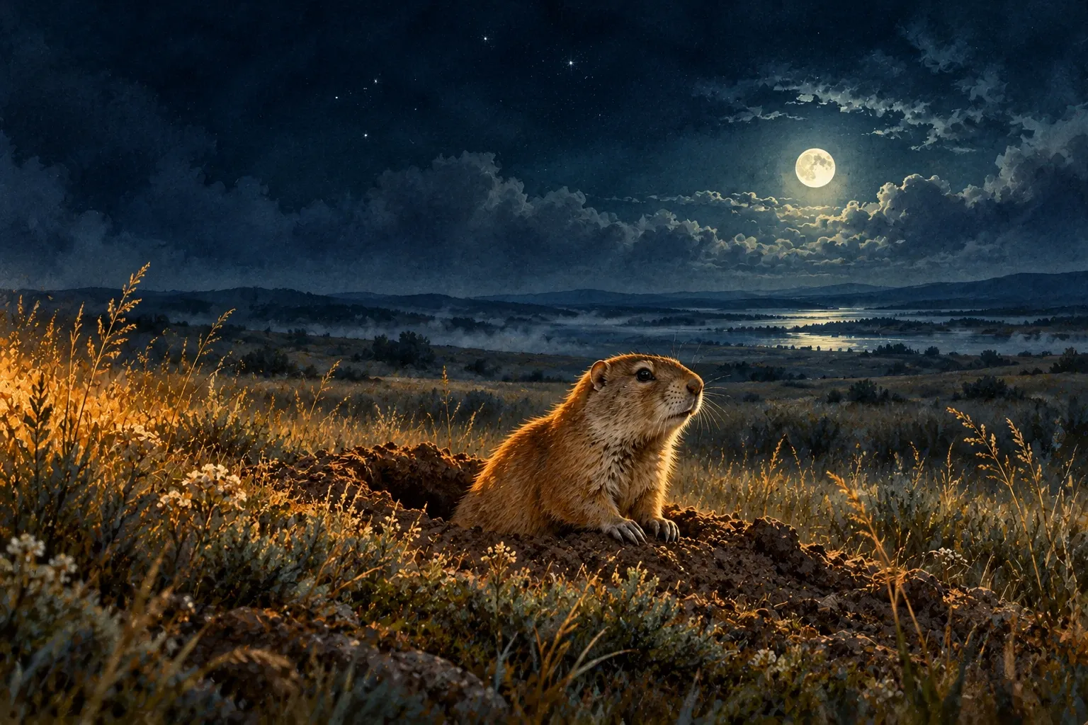 Dreamlike night painting of a gopher in its natural world.