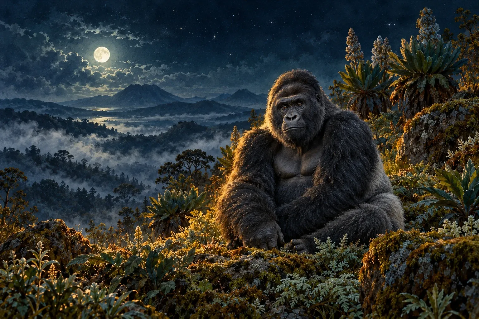 Dreamlike night painting of a gorilla in its natural world.
