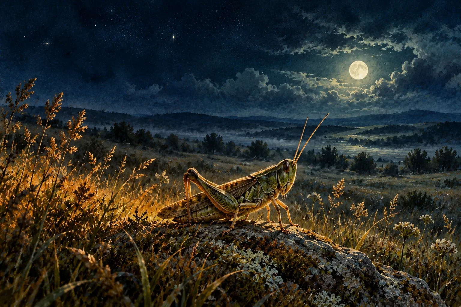 Dreamlike night painting of a grasshopper in its natural world.