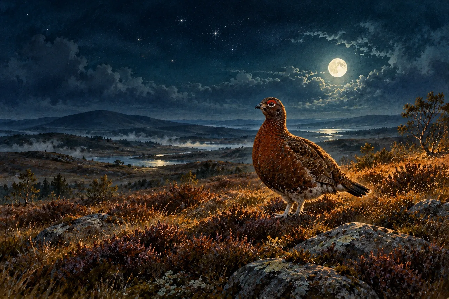 Dreamlike night painting of a grouse in its natural world.