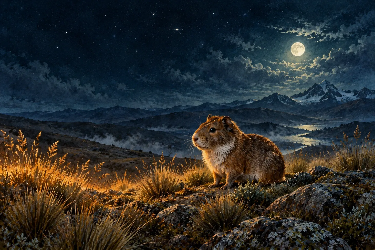 Dreamlike night painting of a guinea pig in its natural world.