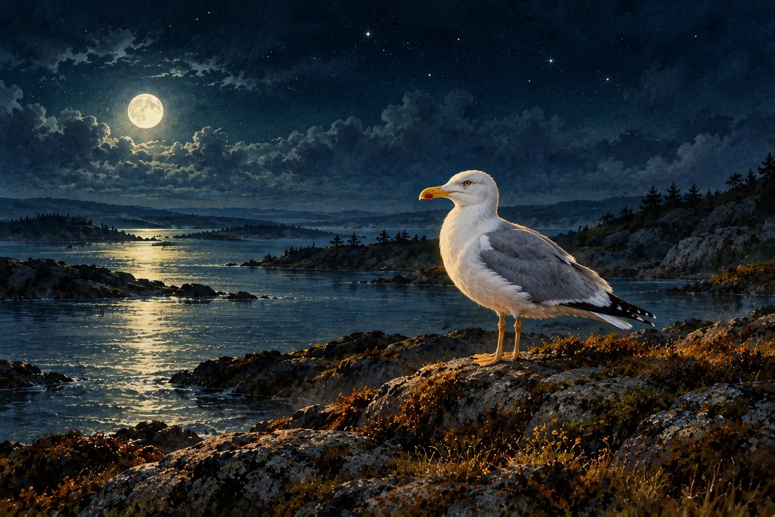 Dreamlike night painting of a gull in its natural world.