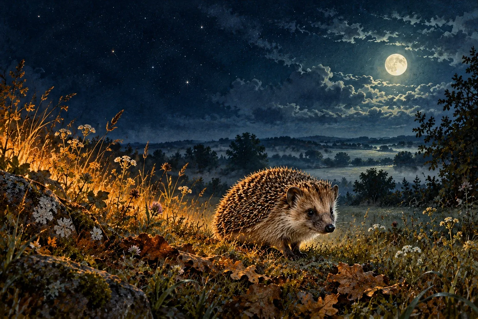Dreamlike night painting of a hedgehog in its natural world.