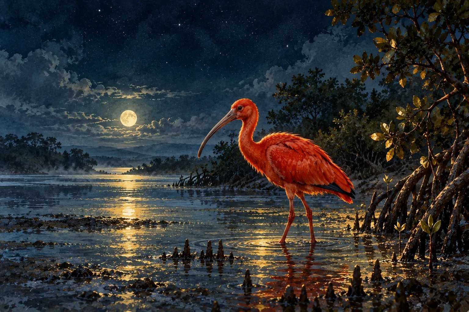 Dreamlike night painting of a ibis in its natural world.