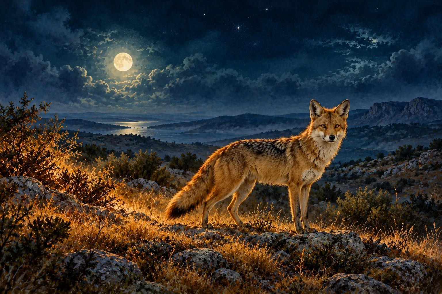 Dreamlike night painting of a jackal in its natural world.