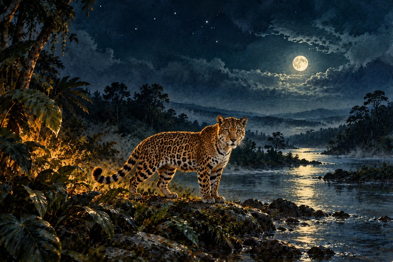 Dreamlike night painting of a jaguar in its natural world.