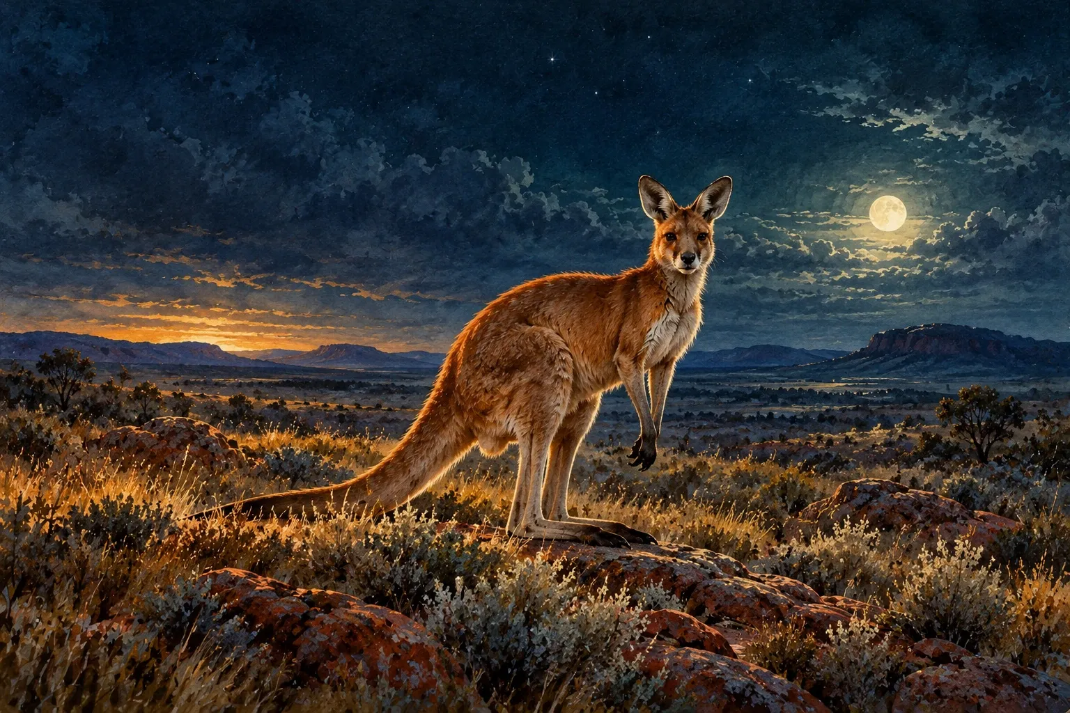 Dreamlike night painting of a kangaroo in its natural world.