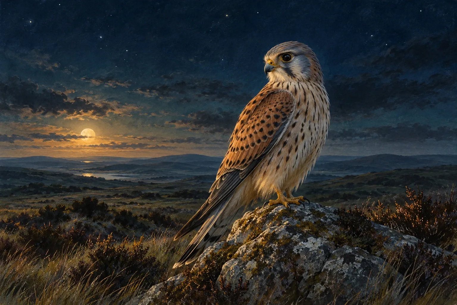 Dreamlike night painting of a kestrel in its natural world.