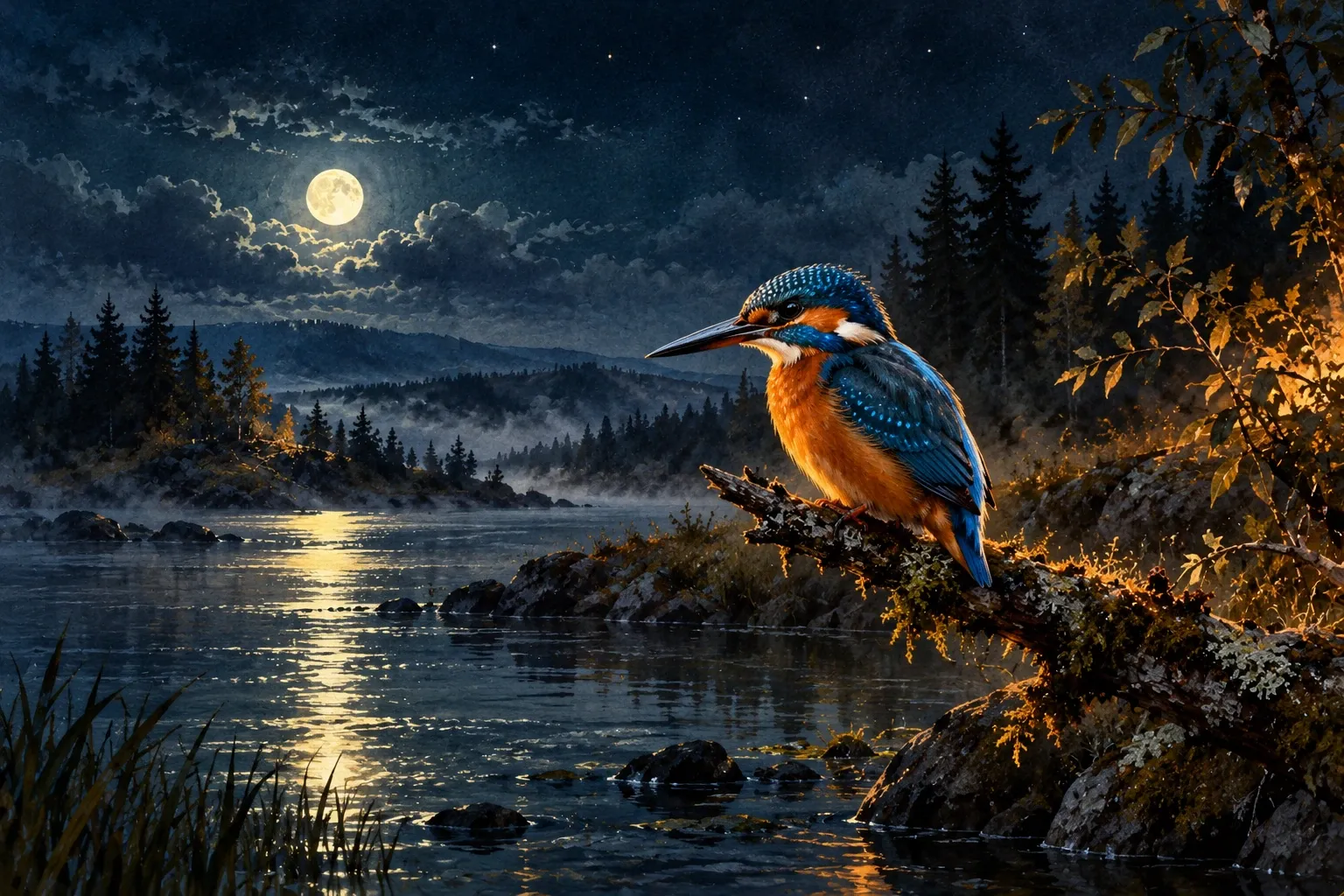 Dreamlike night painting of a kingfisher in its natural world.